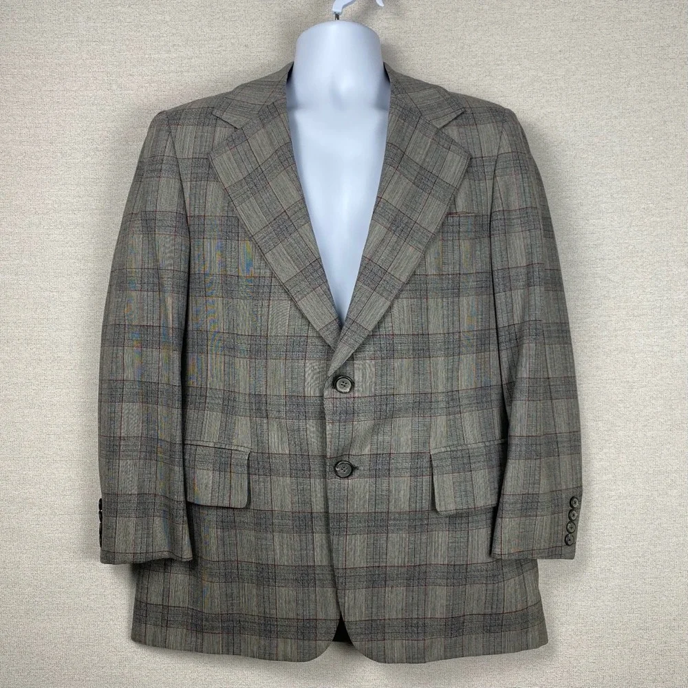 Vtg Bespoke 2 Piece Suit Mens 36R Gray Windowpane Plaid Dandy Heritage Ivy